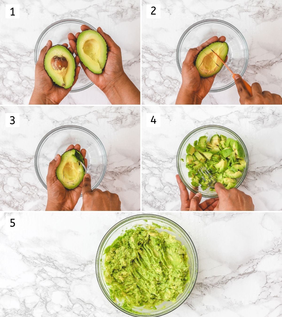 Collage of 5 steps showing cutiing, dicing avocado and mashing with a fork.