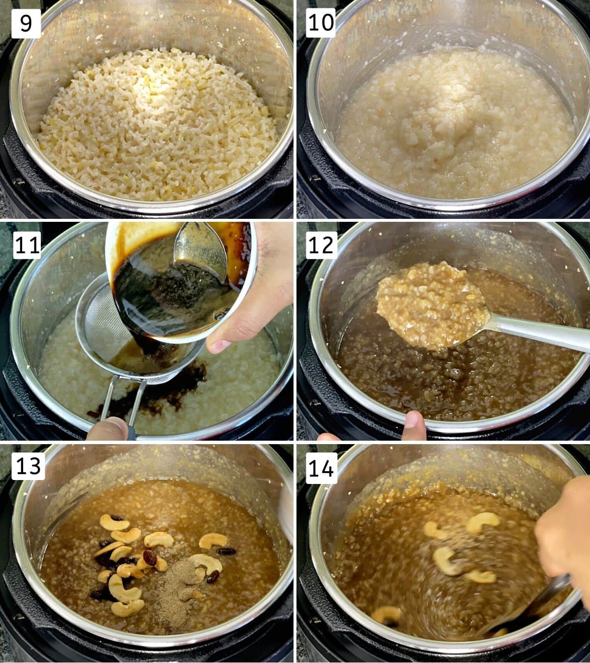 Collage of 6 steps showing cooked dal-rice, adding jaggery syrup, mixing and adding fried nuts.