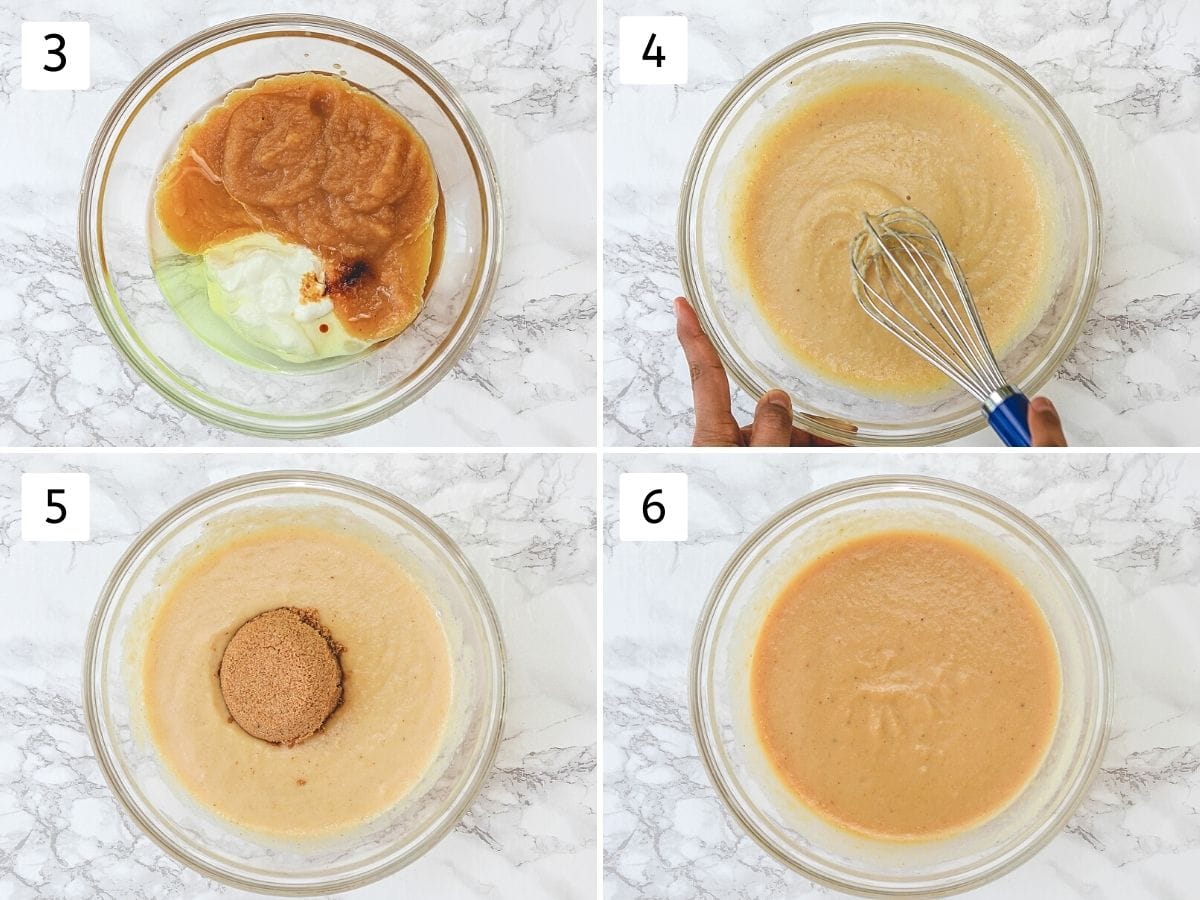 Collage of 4 steps showing adding and mixing wet ingredients in a large bowl.