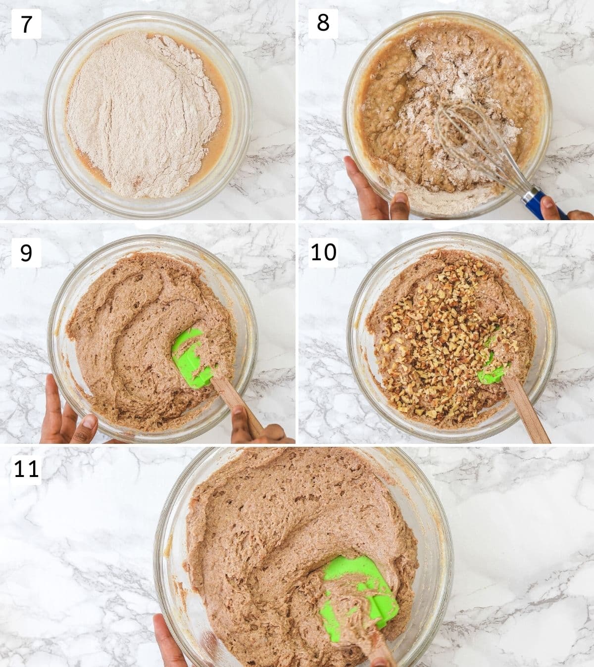 Collage of 5 steps showing adding dry to wet, mixing, adding walnuts and folding into batter.