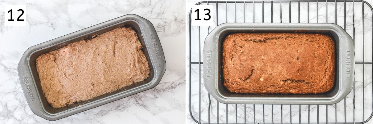 Collage of 2 steps showing batter in a loaf pan and baked applesauce bread loaf.