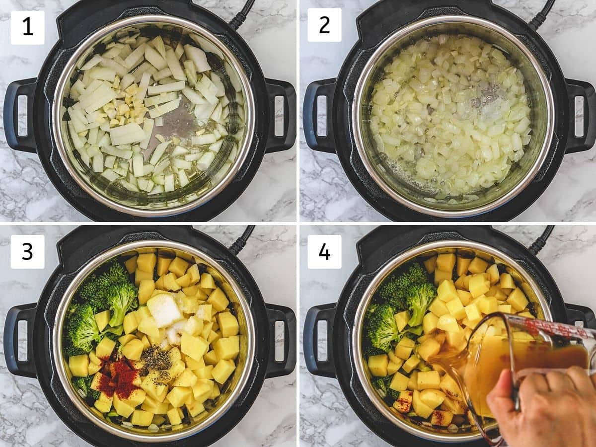 Collafe of 4 steps showing sauteing onion garlic, adding rest of soup ingredients in instant pot.