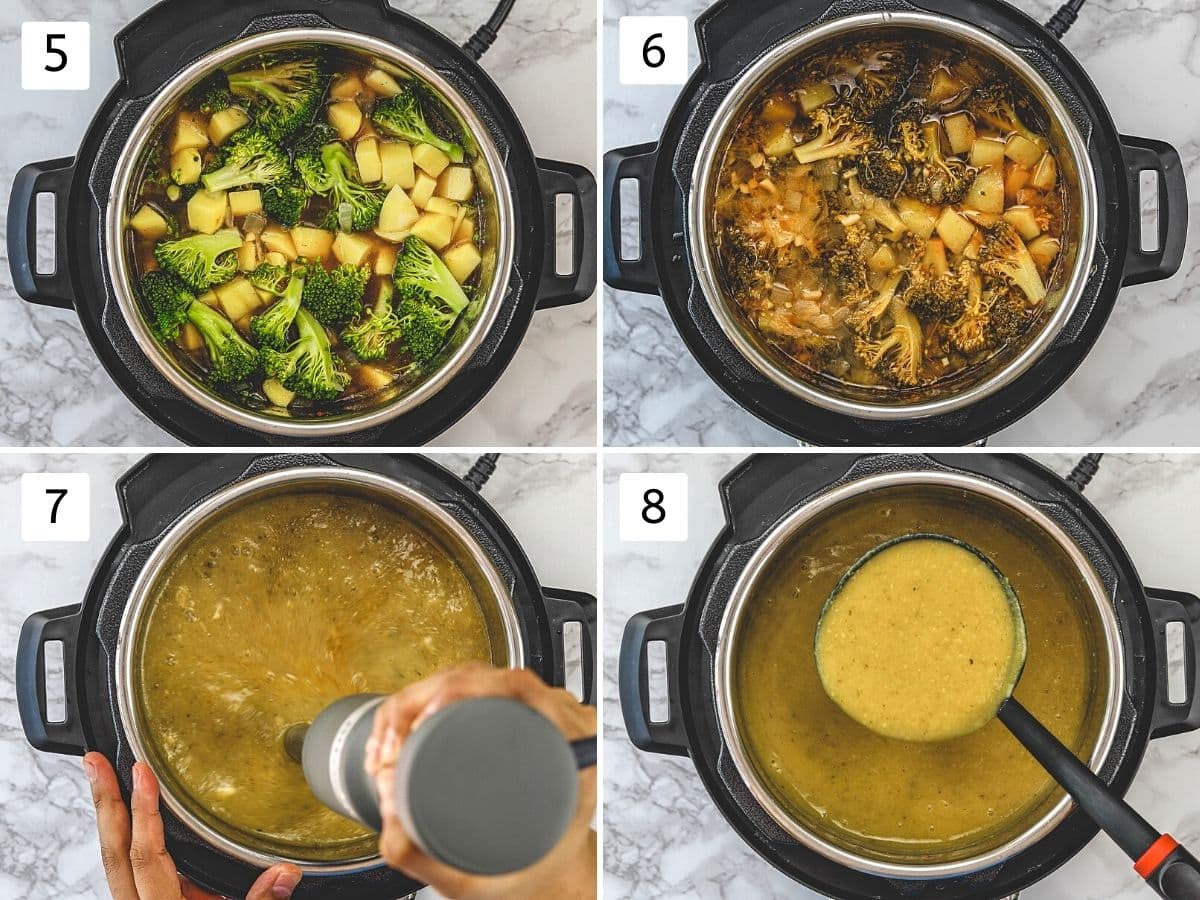 Collage of 4 steps showing cooked soup, blending using immersion blender and showing consistency.