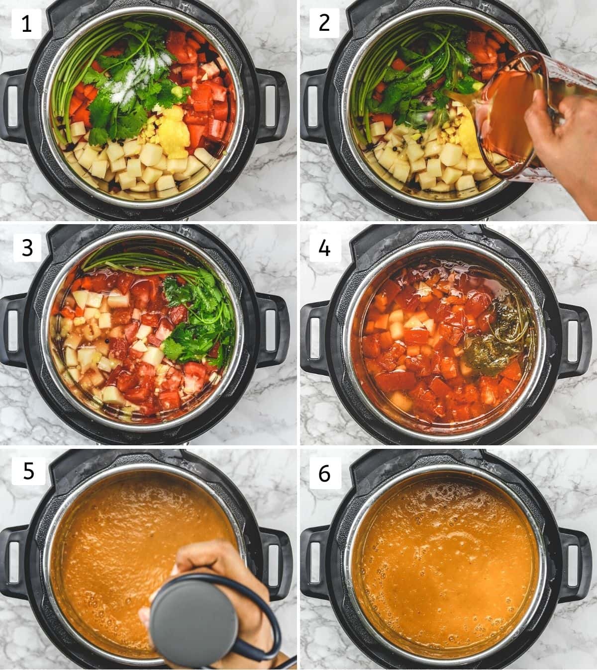 Collage of 6 steps showing ingredients in the instant pot, cooked mixture, grinding using immersion blender.