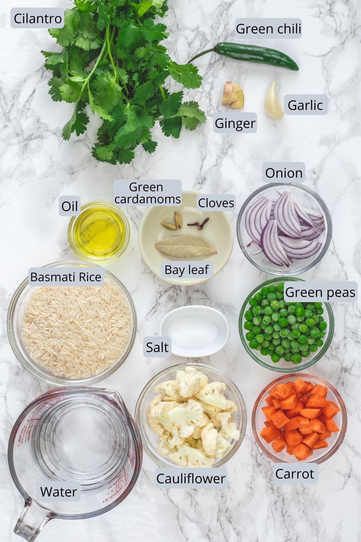 Ingredients used in making coriander rice are in individual bowls and on marble surface with labels.