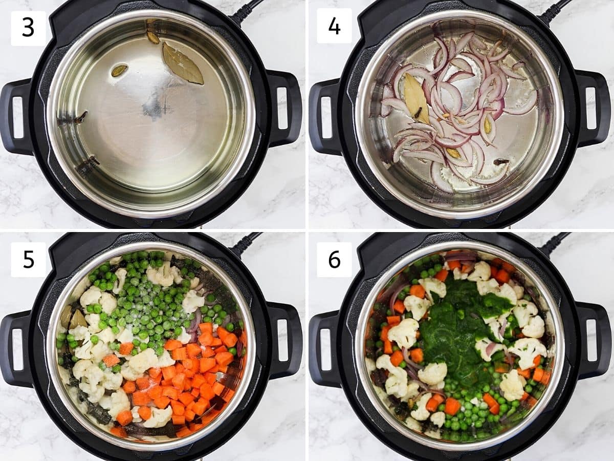 Cllage of 4 steps showing sauteeing spices, onion, adding veggies and coriander paste.