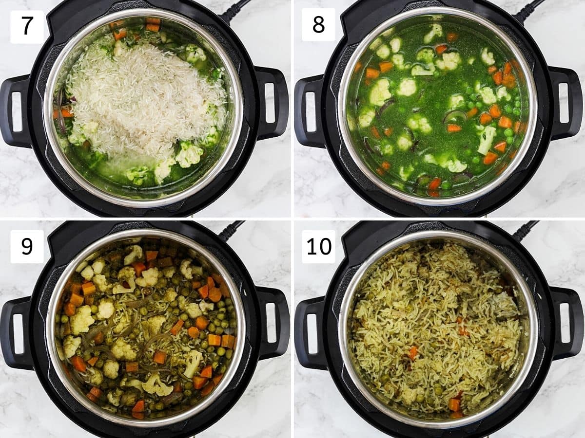 Collage of 4 steps showing adding rice, water, cooked rice and fluffed up mixture.
