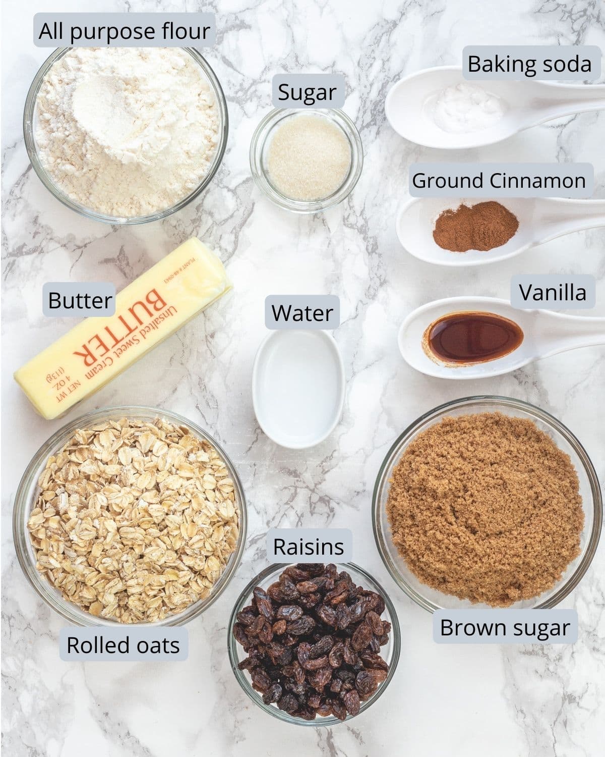 eggless oatmeal cookie ingredients in individial bowls and spoons.