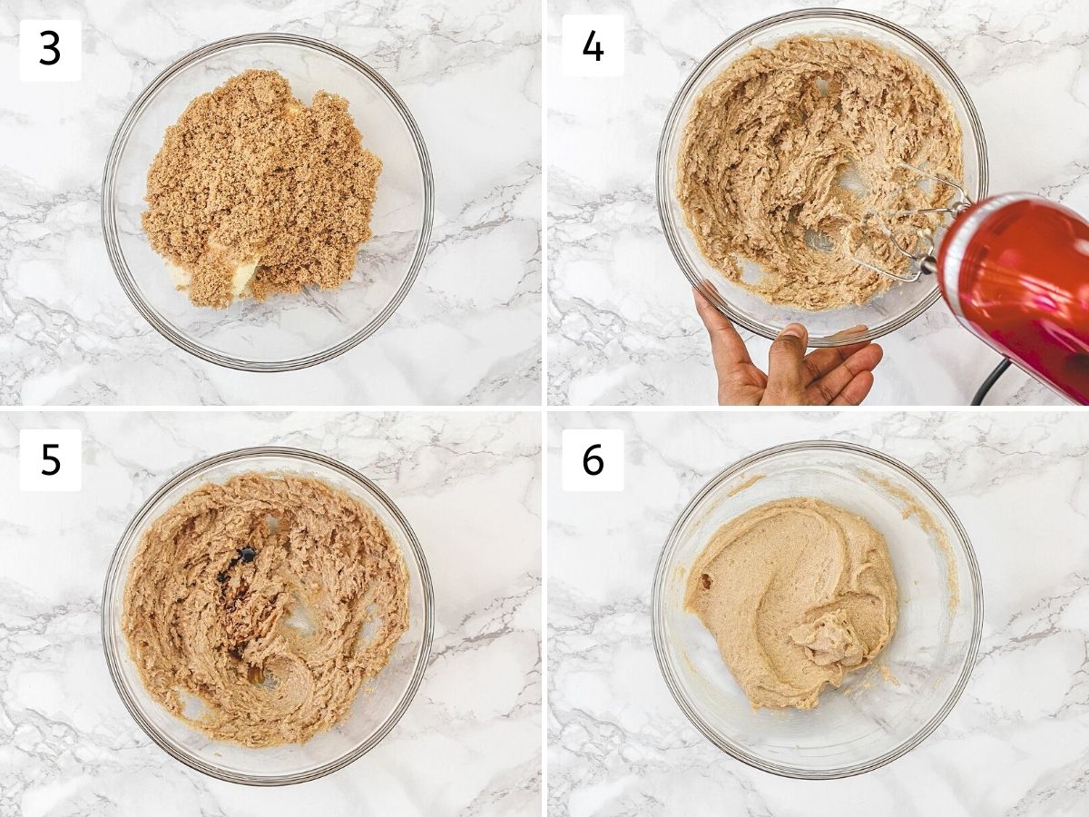 Collage of 4 steps showing beating butter and sugar, mixing in vanilla and water.