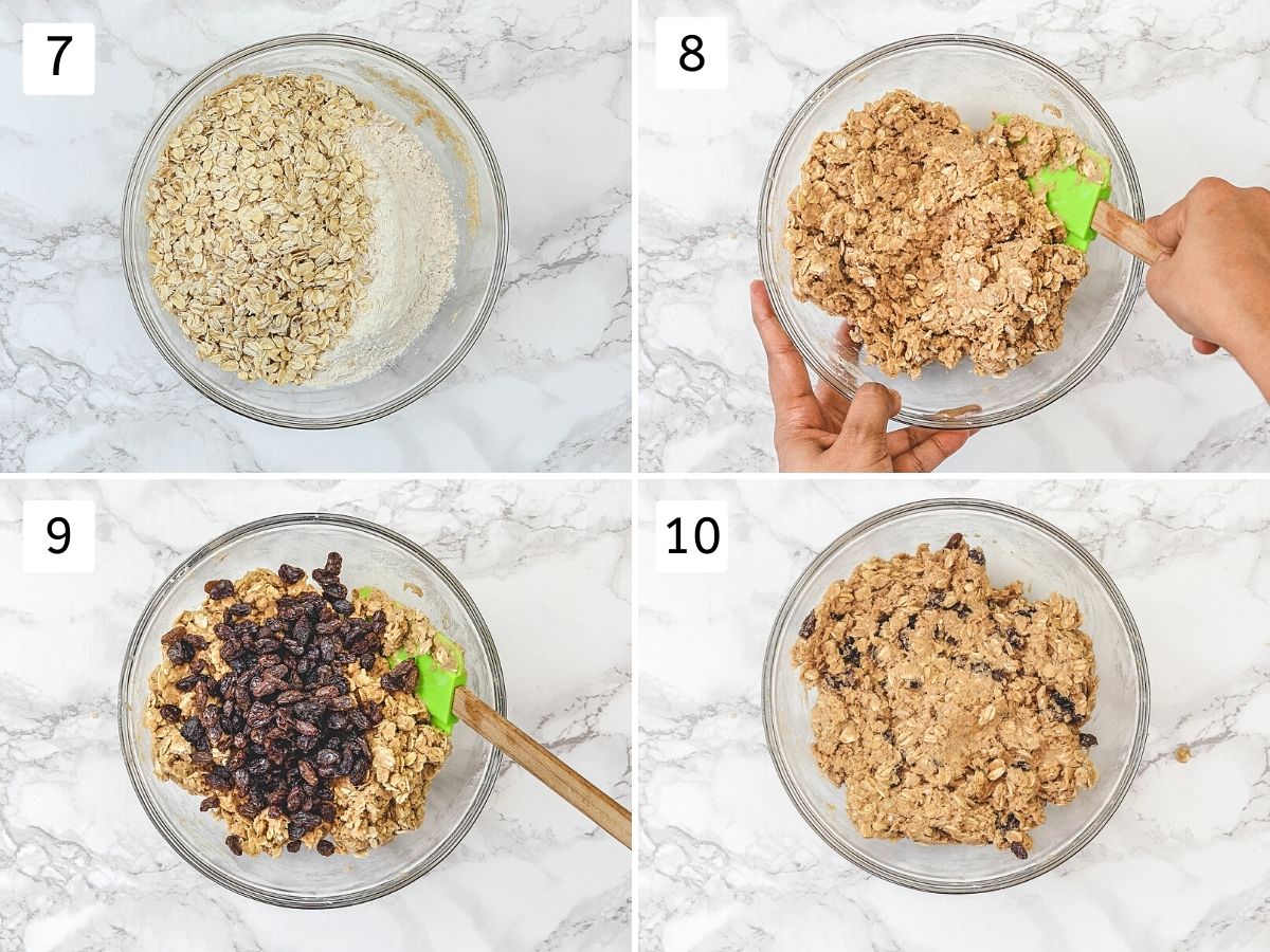 Collage of 4 steps showing mixing oats and raisins to make a cookie dough.