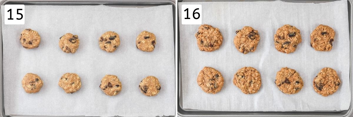 Collage of 2 steps showing flattened cookie balls in a tray and baked cookies.