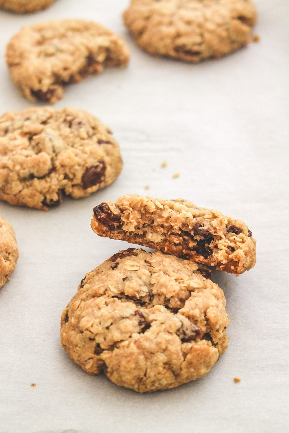 A bite taken from oatmeal cookie to show the inside texture.