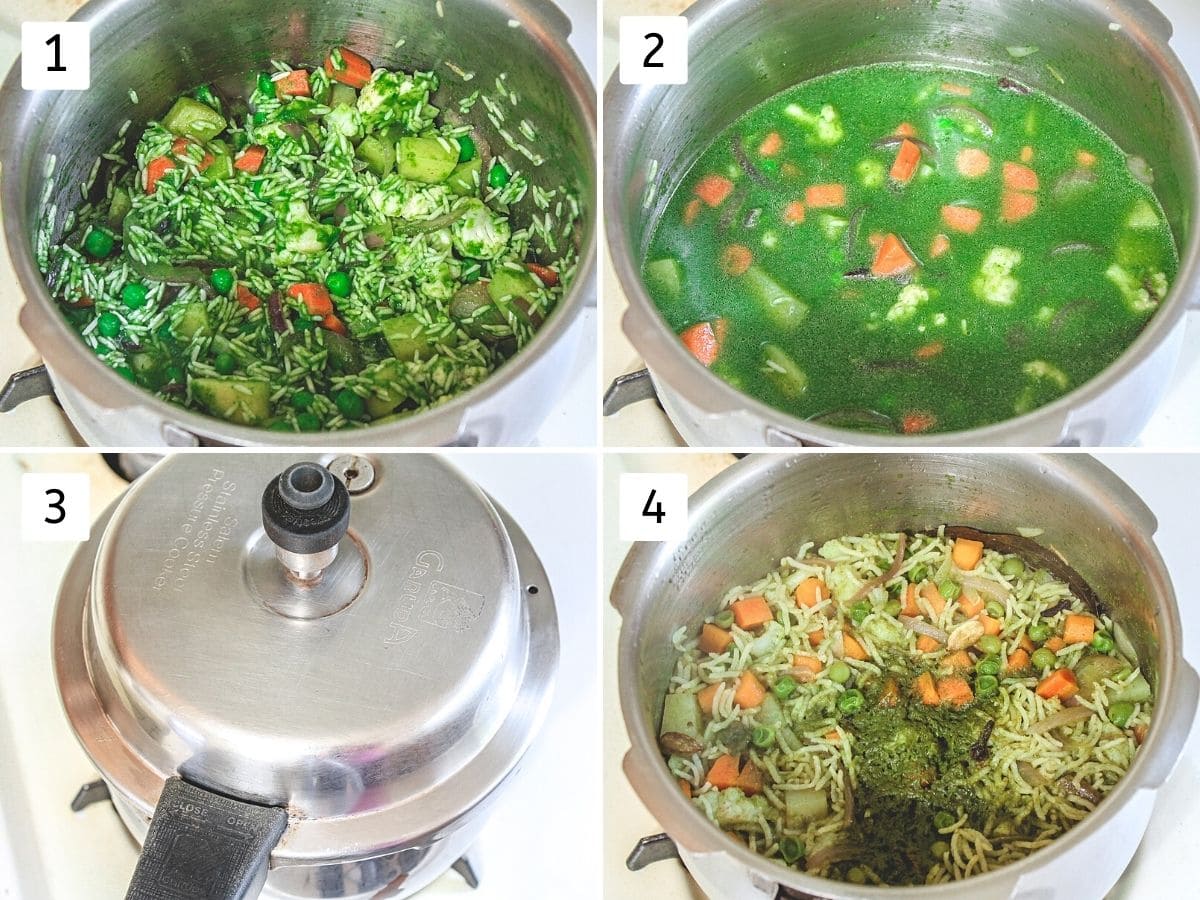 Collage of 4 steps showing making coriander rice in stovetop pressure cooker.