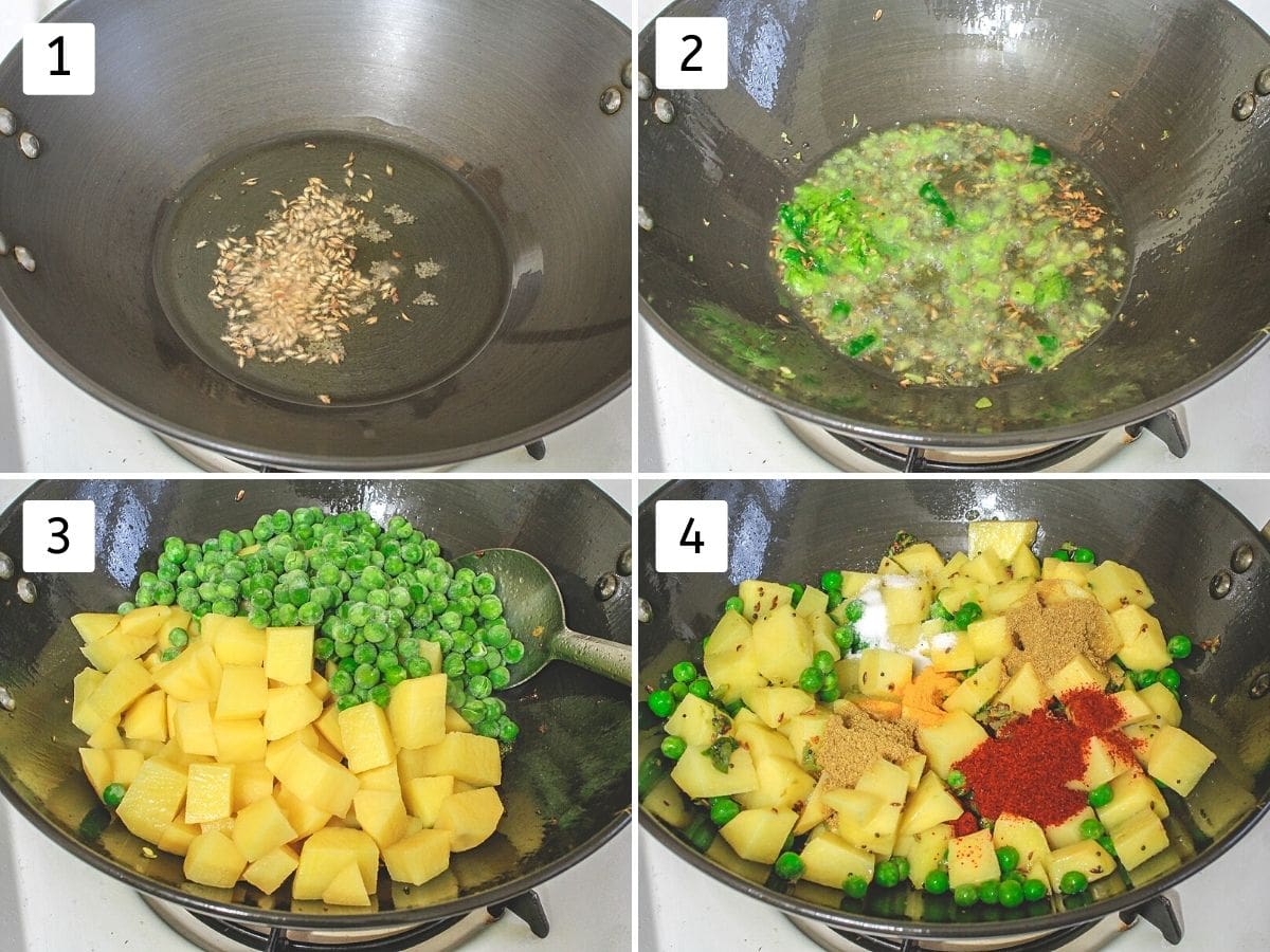 Collage of 4 steps showing tempering, adding potatoes, peas and spices.