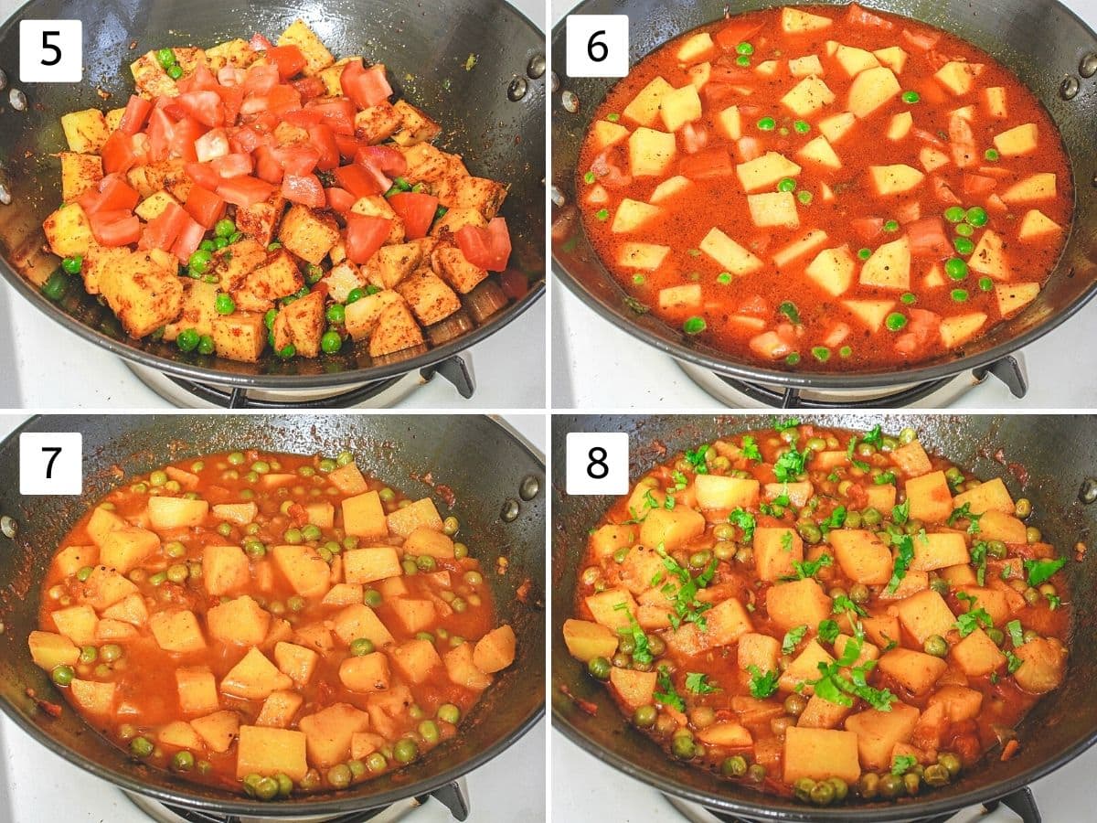Collage of 4 steps showing adding tomato, water, cooked aloo matar, garnished with cilantro.