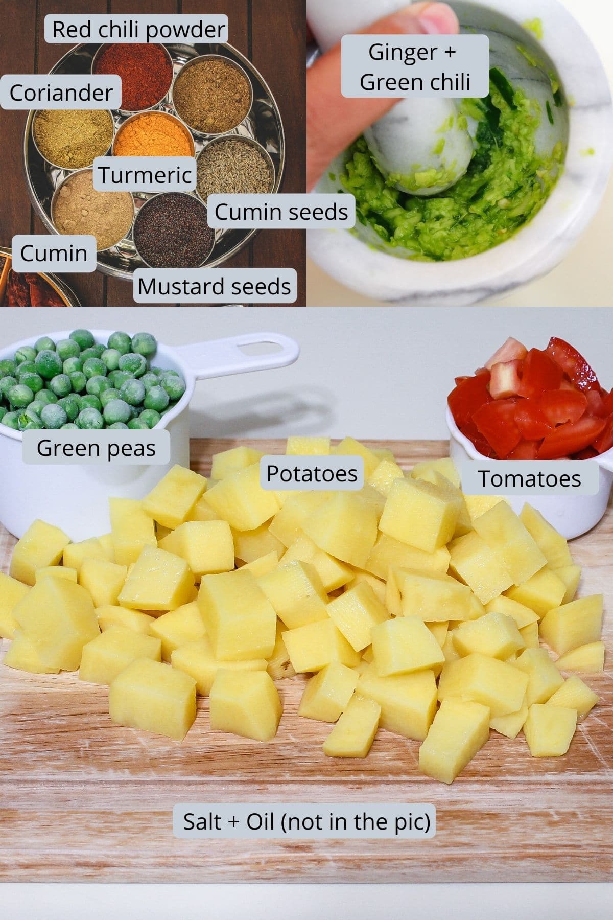 Ingredients to make aloo matar with labels.