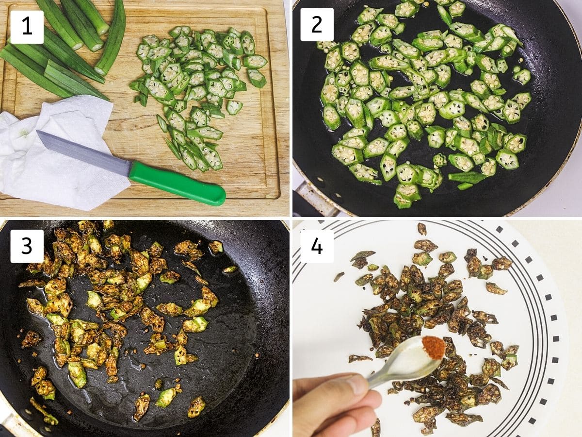 Collage of 4 steps showing slicing okra, cooking until crisp and sprinkling chili powder.