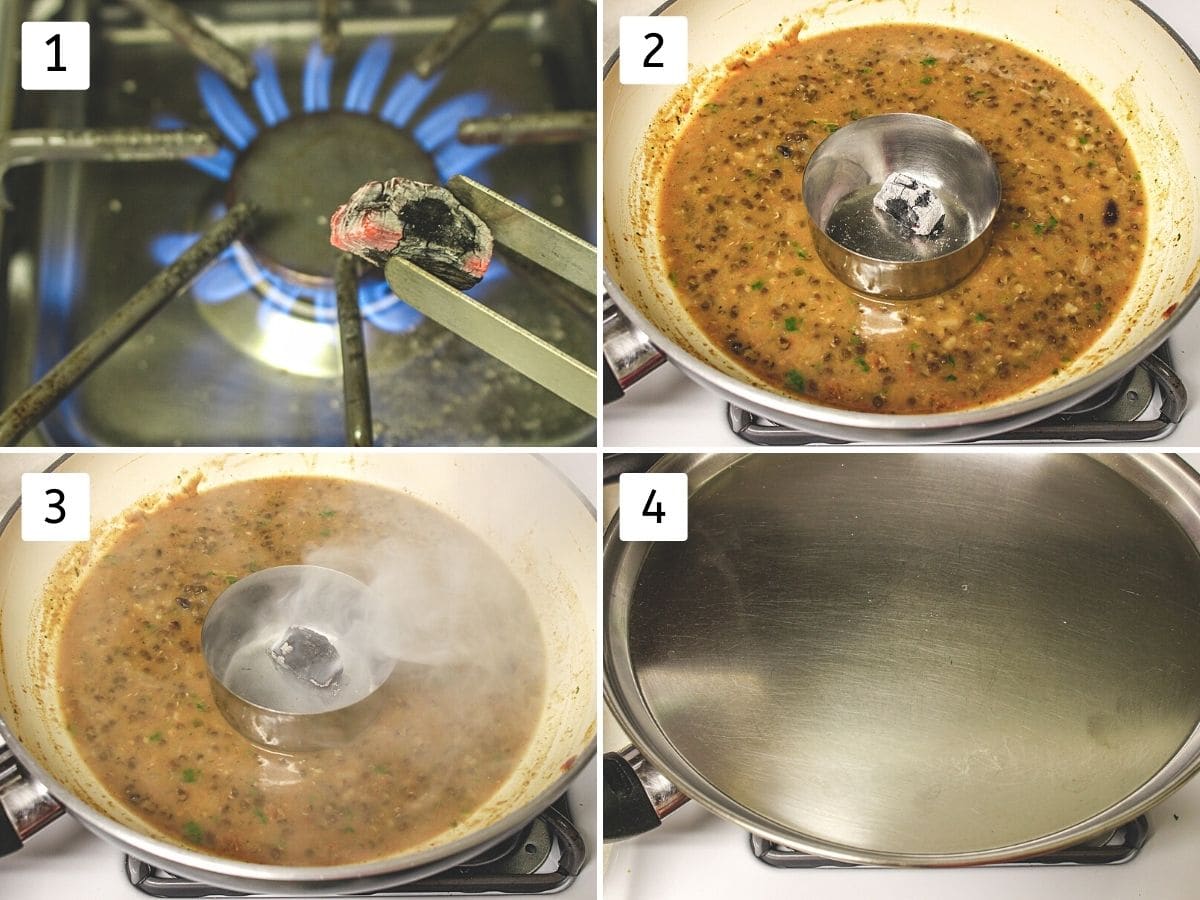 Collage of 4 steps showing heating charcoal and smoking dal with it.