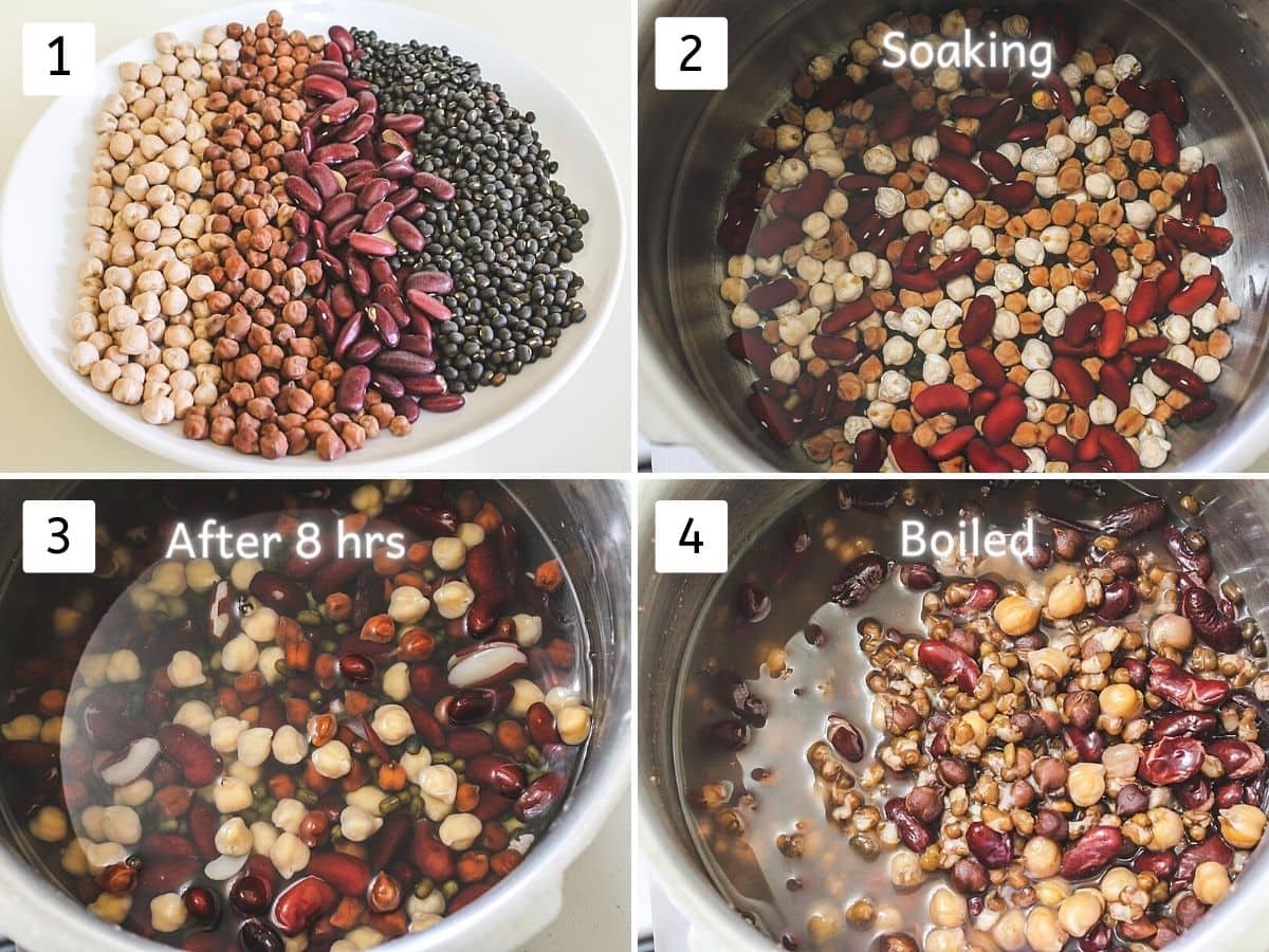Collage of 4 steps showing mixture of beans, soaking, soaked and boiled beans.
