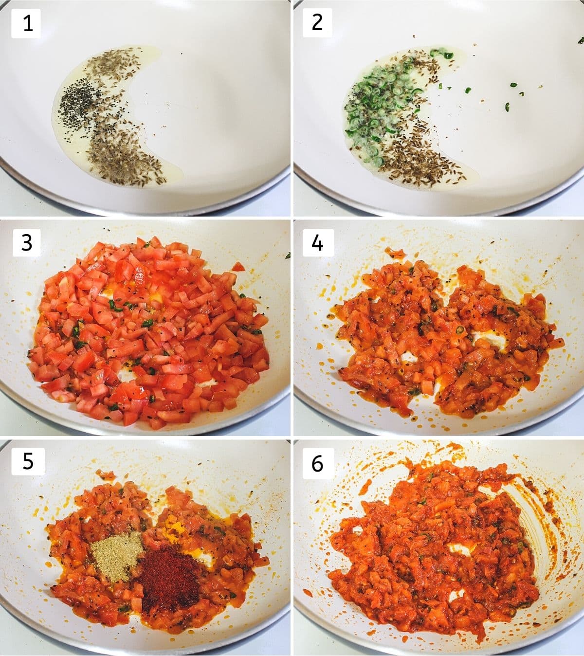 Collage of 6 steps showing tempering in oil, cooking tomatoes, adding and mixing spices.