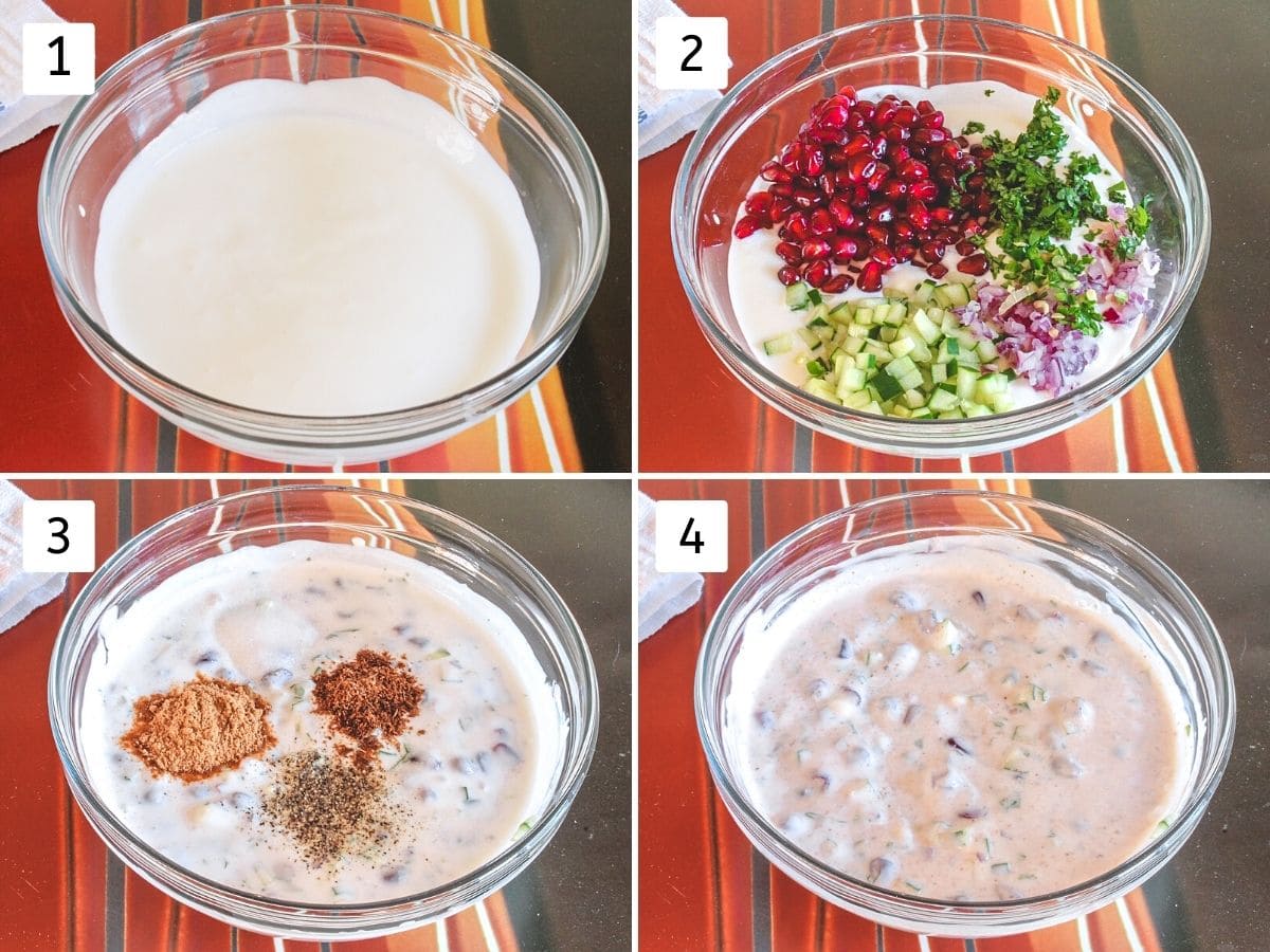 Collage for 4 steps showing whisked yogurt, add rest of the ingredients and mixing.