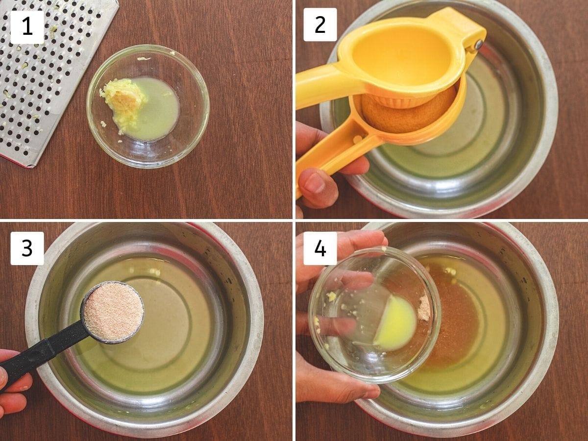 Collage of 4 images showing getting ginger juice, lemon juice and adding sugar.