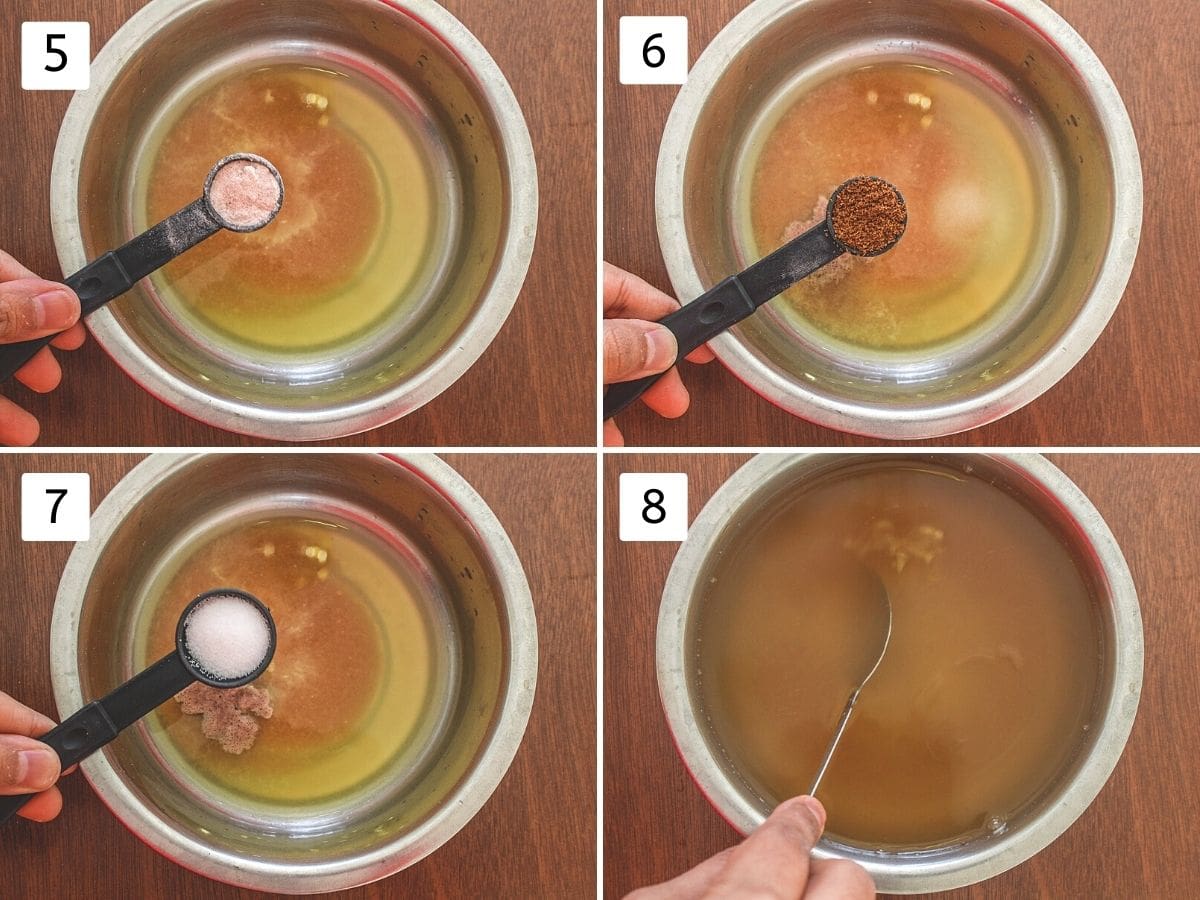 Collage of 4 images showing adding rest ingredients, water and stirring it.