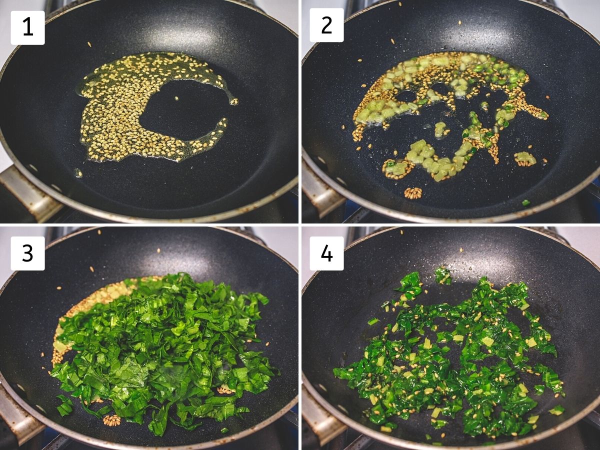 Collage of 4 steps showing sauteeing sesame seeds, ginger, chili and cooking spinach.