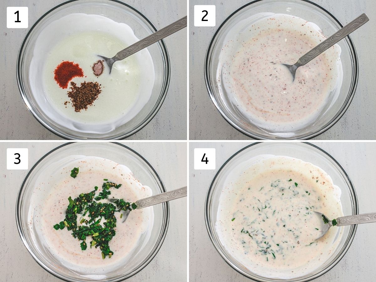 Collage of 4 steps showing mixing spices and cooked spinach into the smooth yogurt.