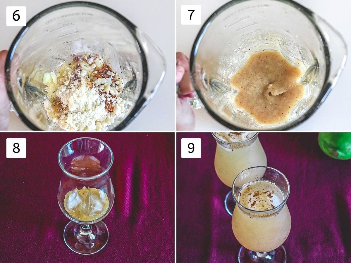 Collage of 4 steps showing panna ingredients in a blender and puree, making a drink in a glass.