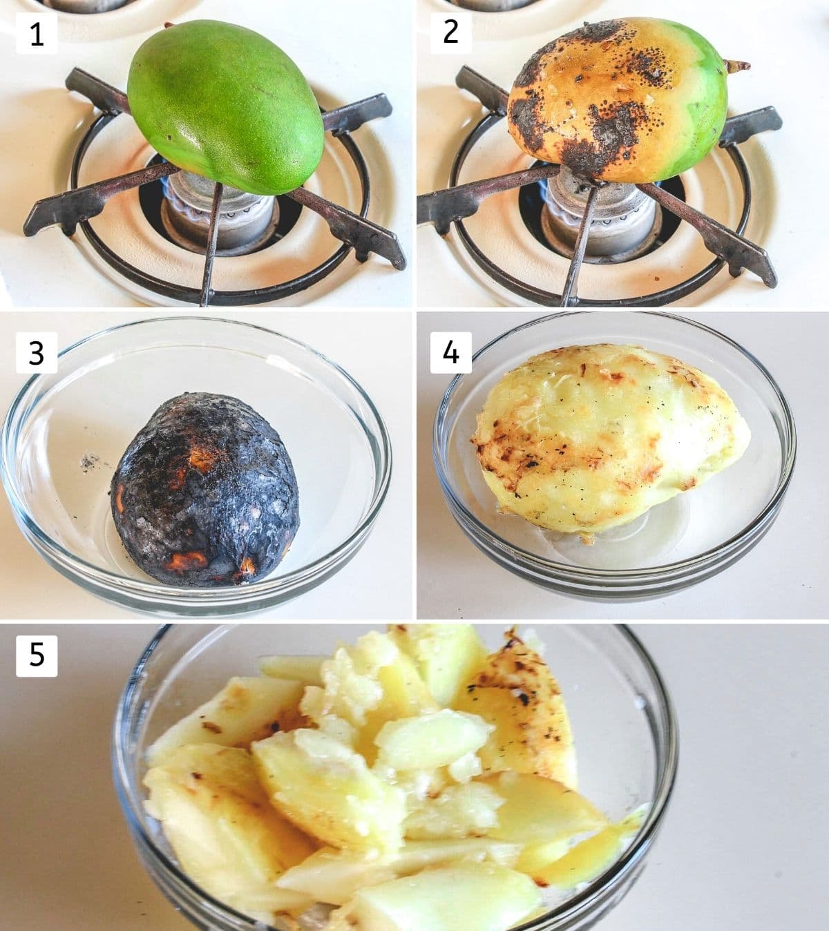 Collag of 5 steps showing raosting raw mango on the stove, peeled and cubed.