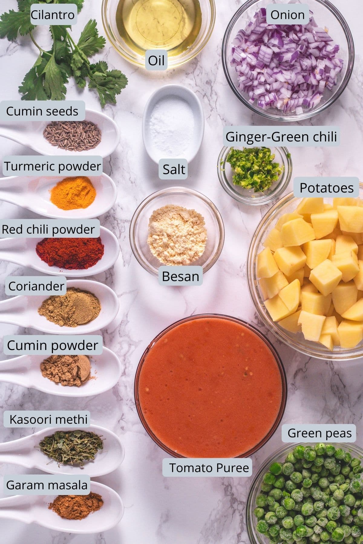 Ingredients used in instant pot aloo matar with labels.