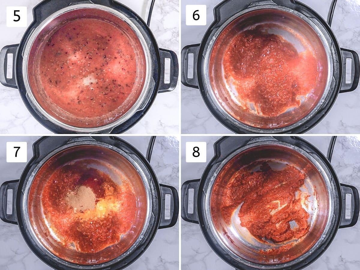 Collage of 4 steps showing cooking tomato puree and mixing spice powders.