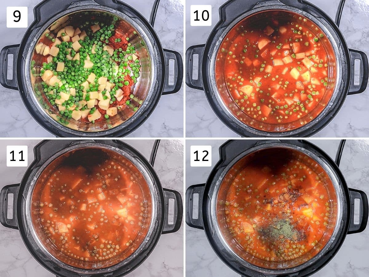 Collage of 4 steps showing adding potatoes, peas, water, cooked gravy and adding garam masala.
