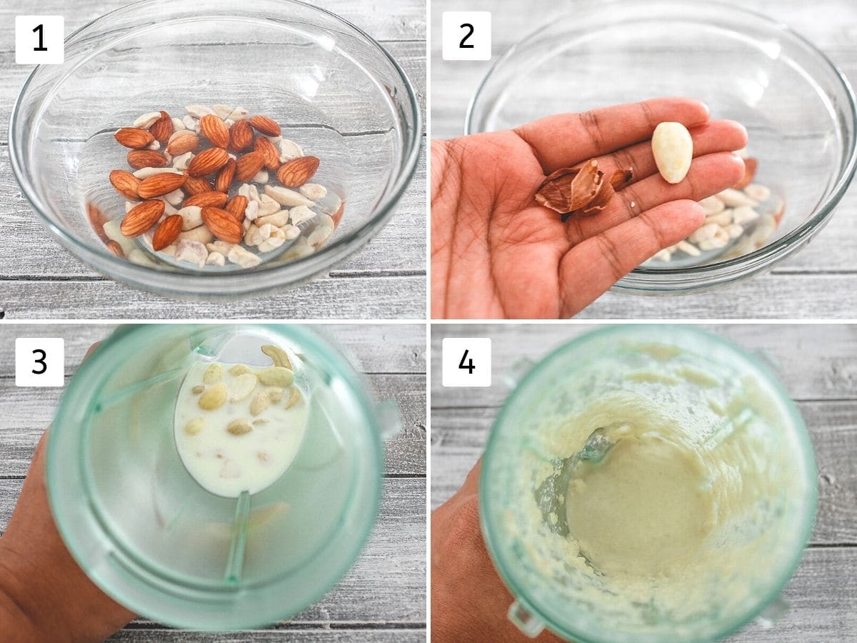 Collage of 4 step showing soaked nuts, peeling almonds and making paste in the blender.
