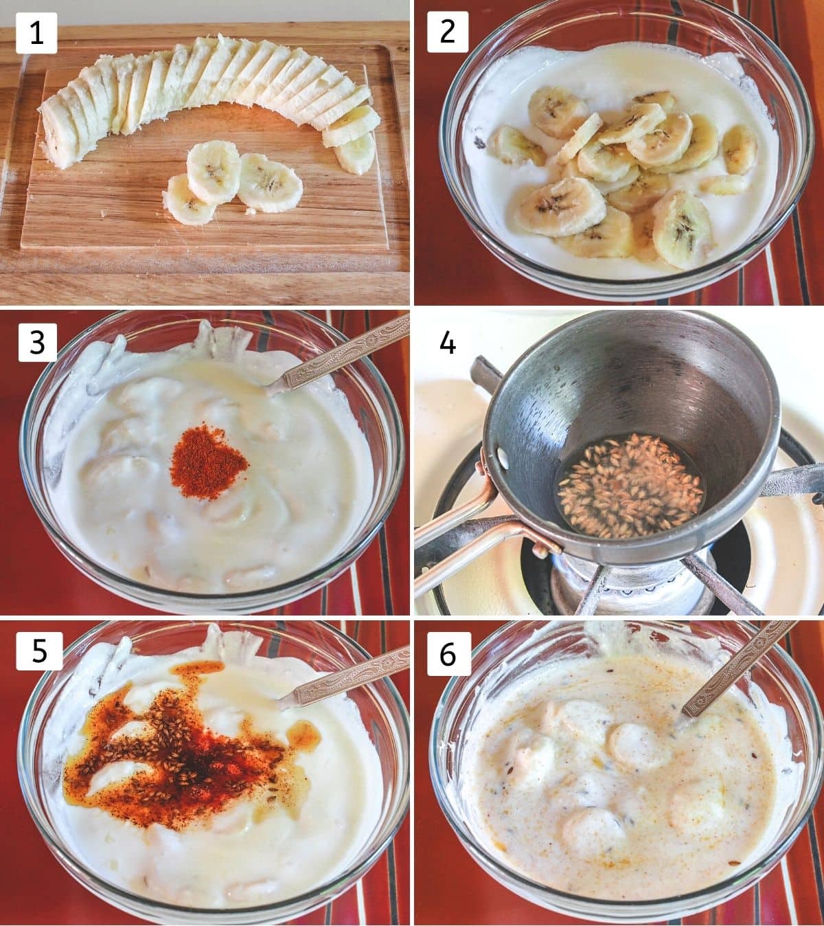 Collage of 6 steps showing slicing banana, mixing into yogurt, adding chili powder and pouring tempering on top.