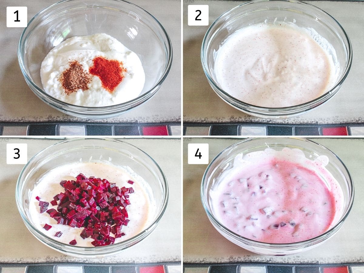 Collage of 4 steps showing adding and mixing diced beet, spices into the yogurt.
