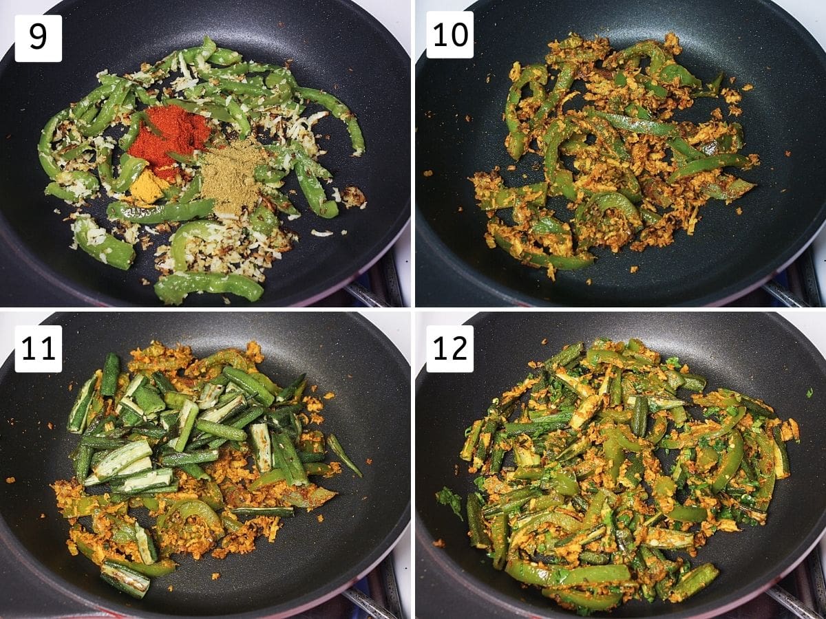 Collage of 4 steps showing adding spices, mixing, adding cooked okra and mixing.