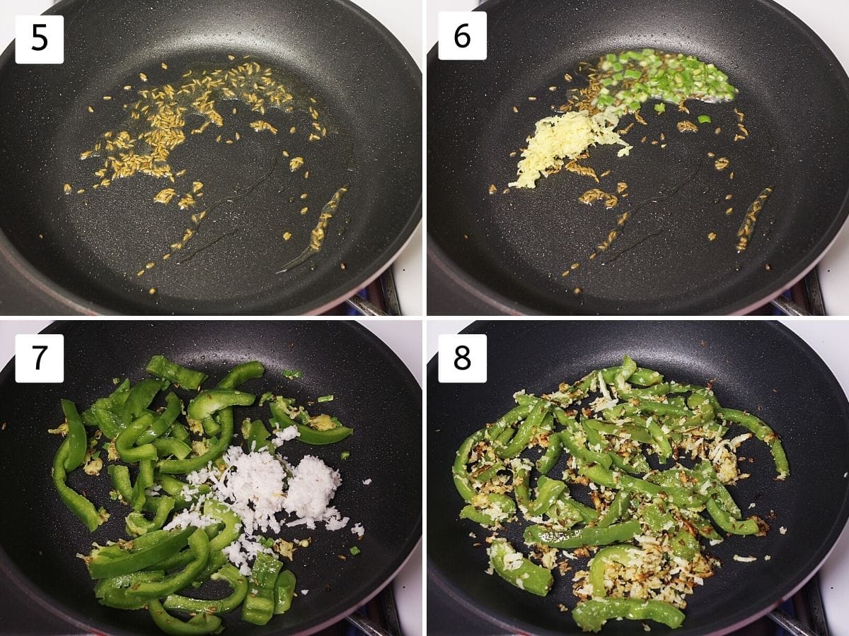 Collage of 4 steps showing tempering, sauteeing chili ginger, cooking bell pepper.
