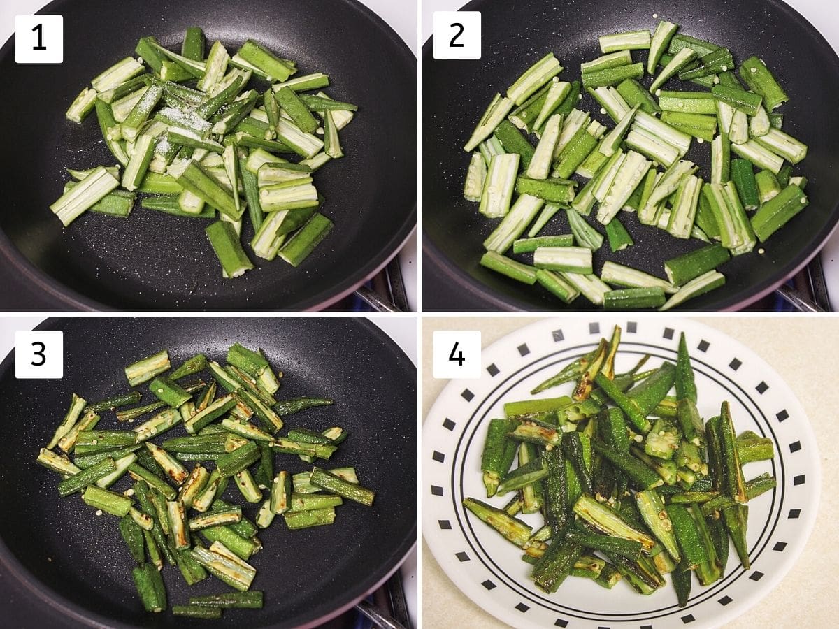 Collage of 4 steps showing adding okra in the pan, cooking and cooked okra in a pan.