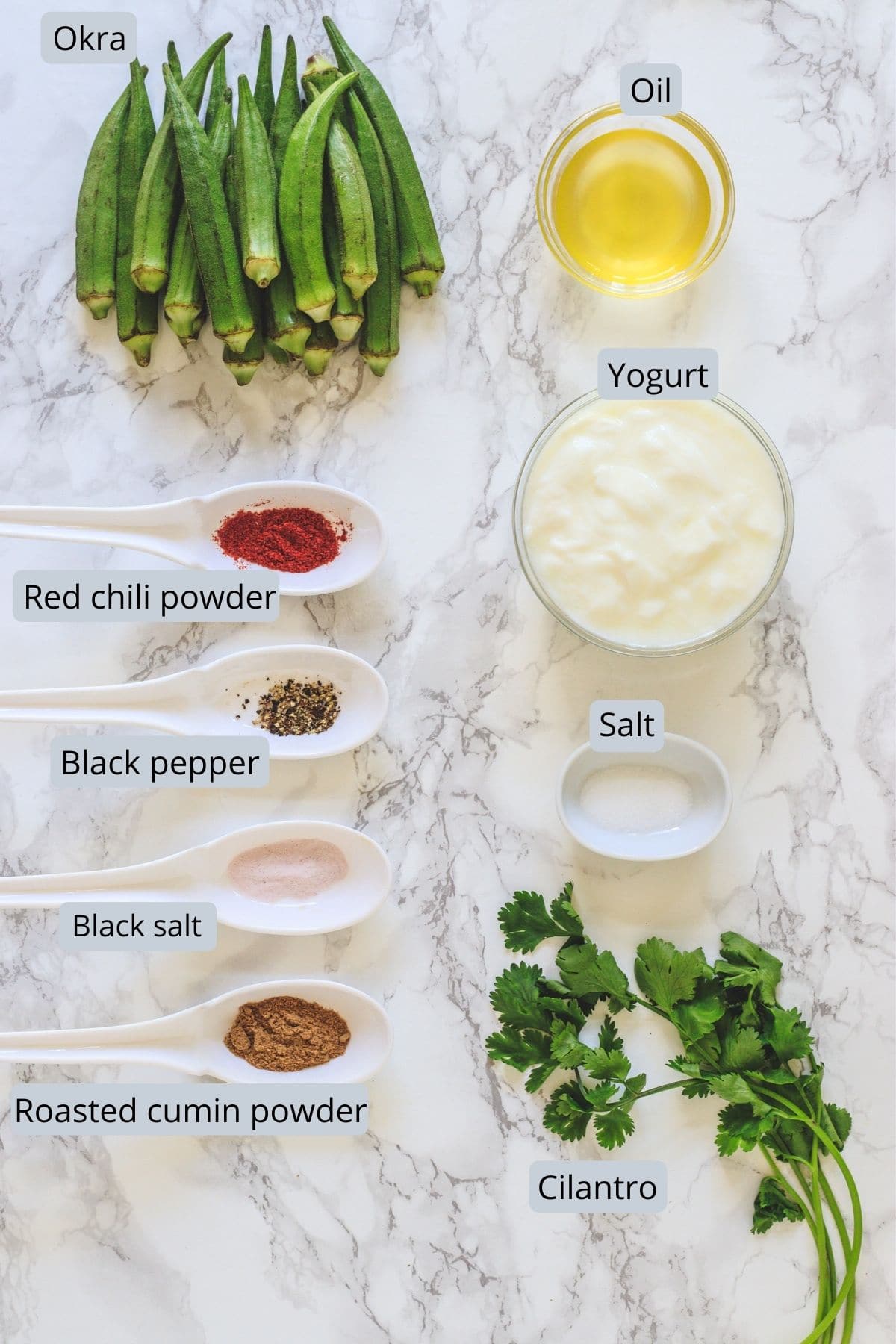 Ingredients for bhindi raita with labels on marble surface.