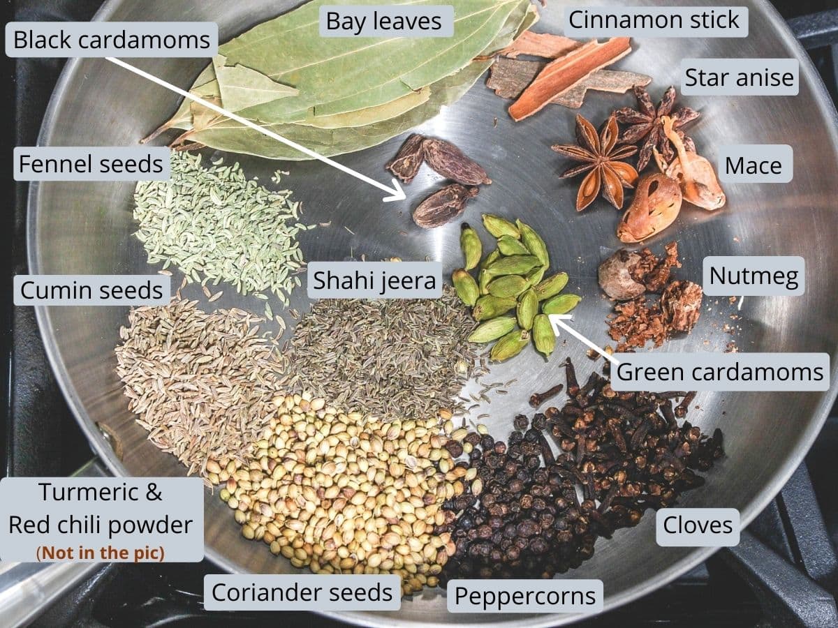 Ingredients for biryani masala with labels in a pan.