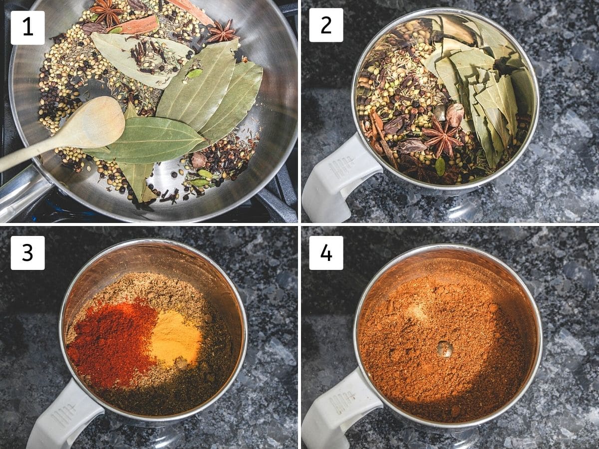 Collage of 4 imges showing whole spices in a pan, in the grinder, ground masala.