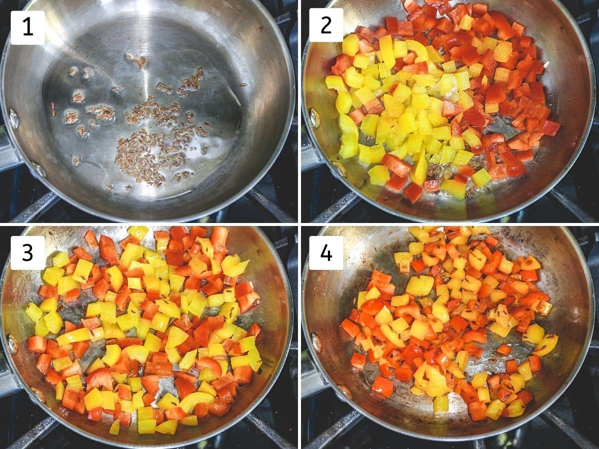 Collage of 4 steps showing sauteeing cumin seeds, bell peppers and cooked peppers.