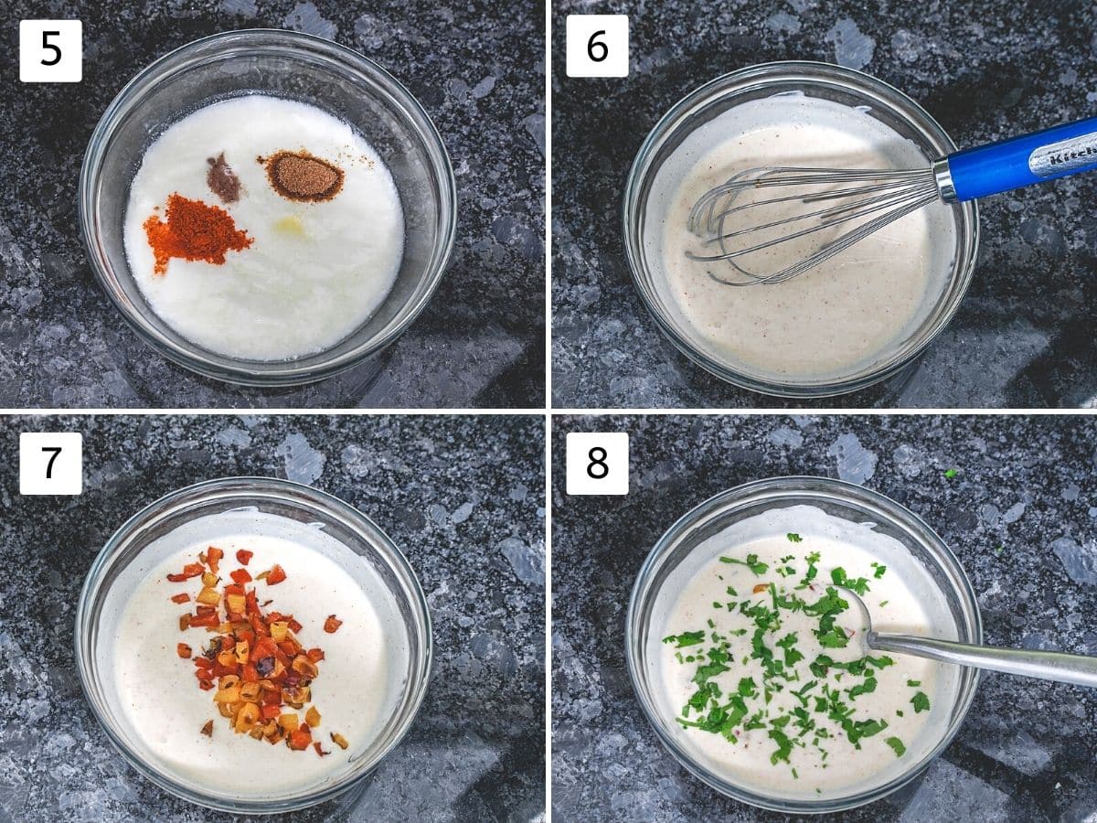 Collage of 4 steps showing spices in the yogurt, mixed, cooked peppers added and garnished with cilantro.