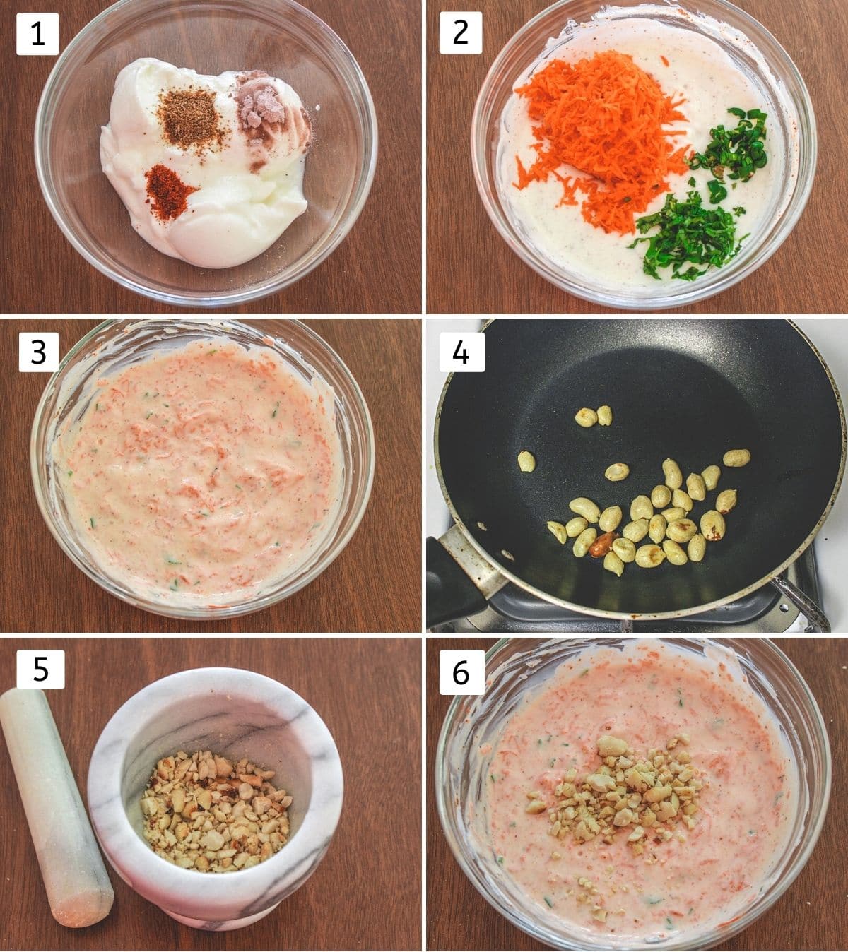 Collage of 6 steps showing mixing spices, carrot into the yogurt, roasting, crushing peanuts and adding to raita.