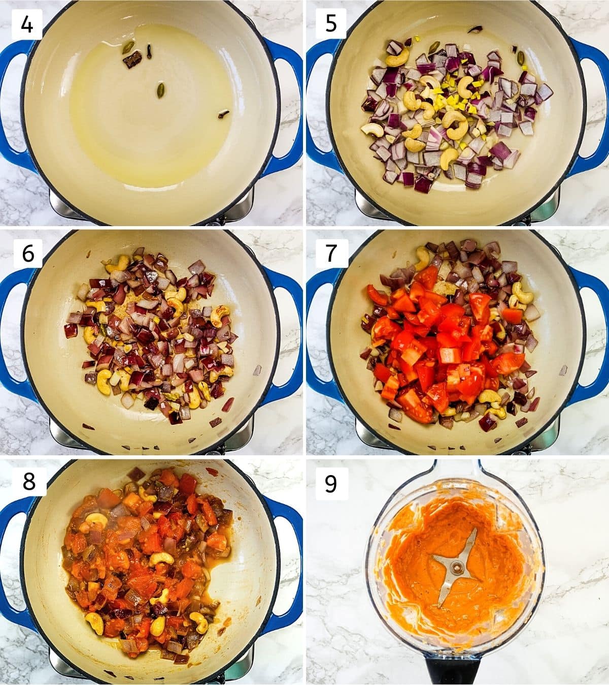 Collage of 6 steps showing cooking whole spices, onion, cahsew, tomatoes and grinding into puree.