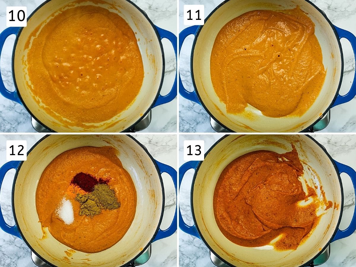 Collage of 4 steps showing simmering prepared puree, adding and mixing spice powders.