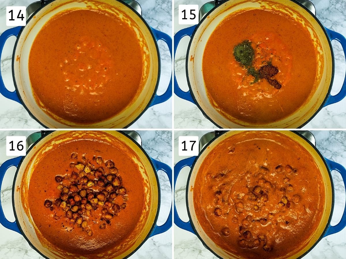 Collage of 4 steps showing simmering gravy and adding rest masala and roasted chickpeas.
