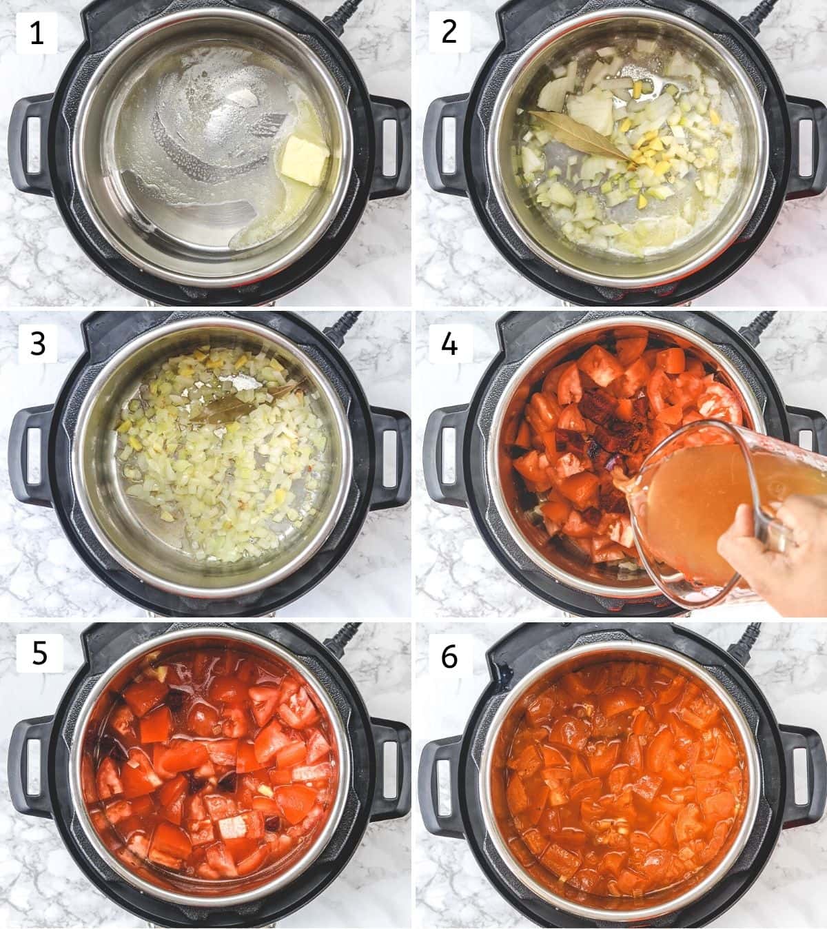 Collage of 6 steps showing cooking onion and adding rest soup ingredients and cooked mixture.